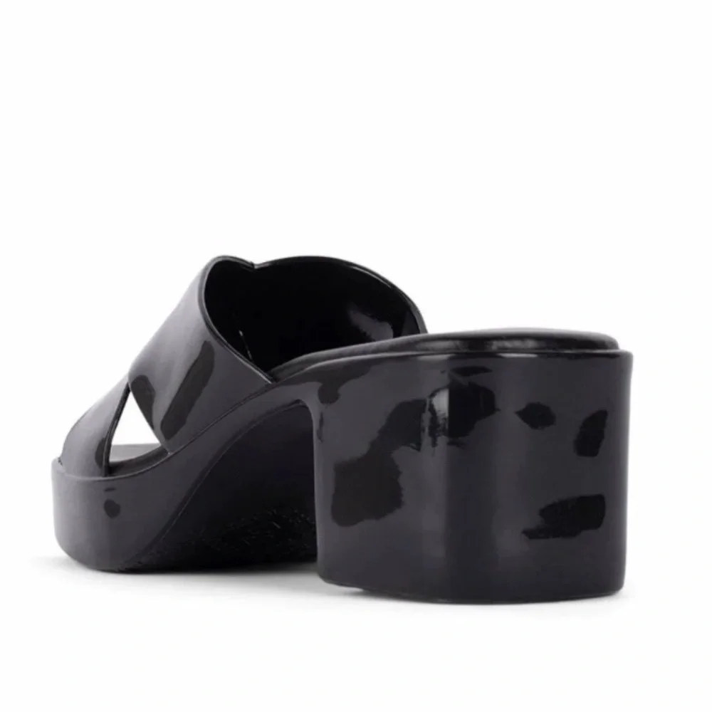 Jeffrey Campbell bubblegumBlack Patent Platform Mule Sandals Block Heel Size 8